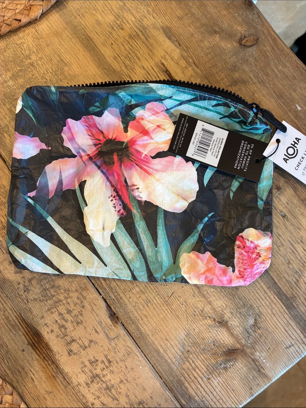 ALOHAS Black Tropical Floral Cosmetic Pouch with Pink & Cream Hibiscus